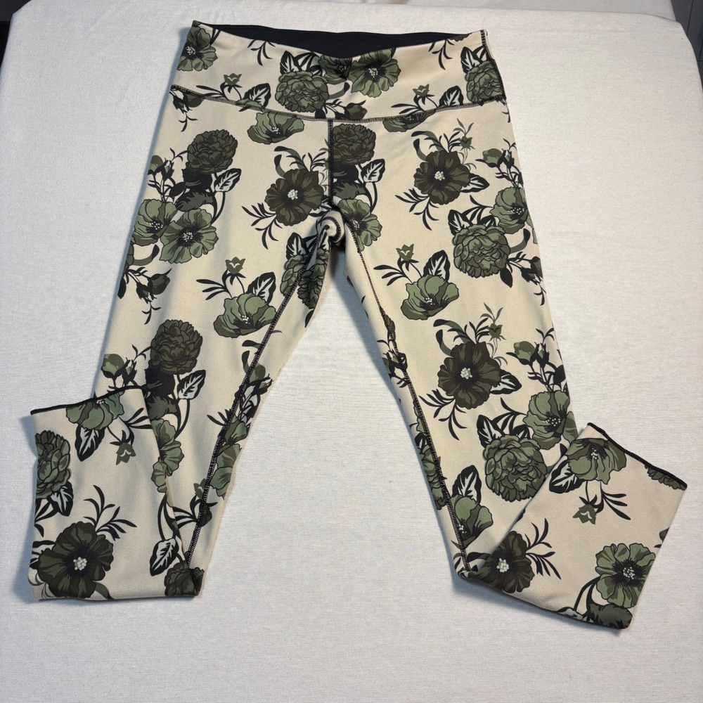 Oiselle, Floral Crop Leggings, Tan Green, Size 10, Excellent, MSRP $88